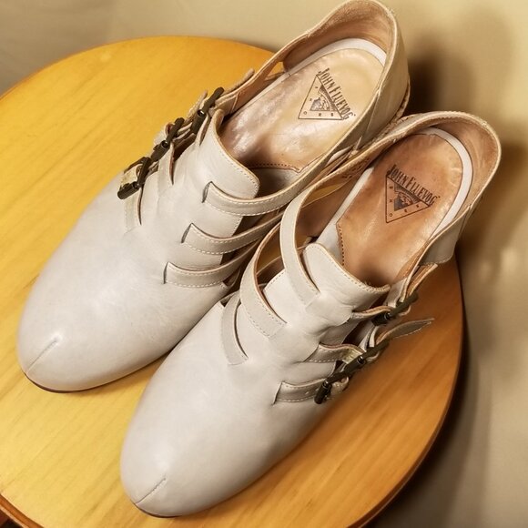 FLUEVOG Gray Farrah Sz 9.5 Adjustable Triple Strap Leather/Cork Wedge '70s Style - Picture 1 of 16